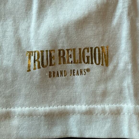 True Religion Basic White Short Sleeve T-Shirt XL Crew Neck Gold Print Logo - Picture 4 of 7